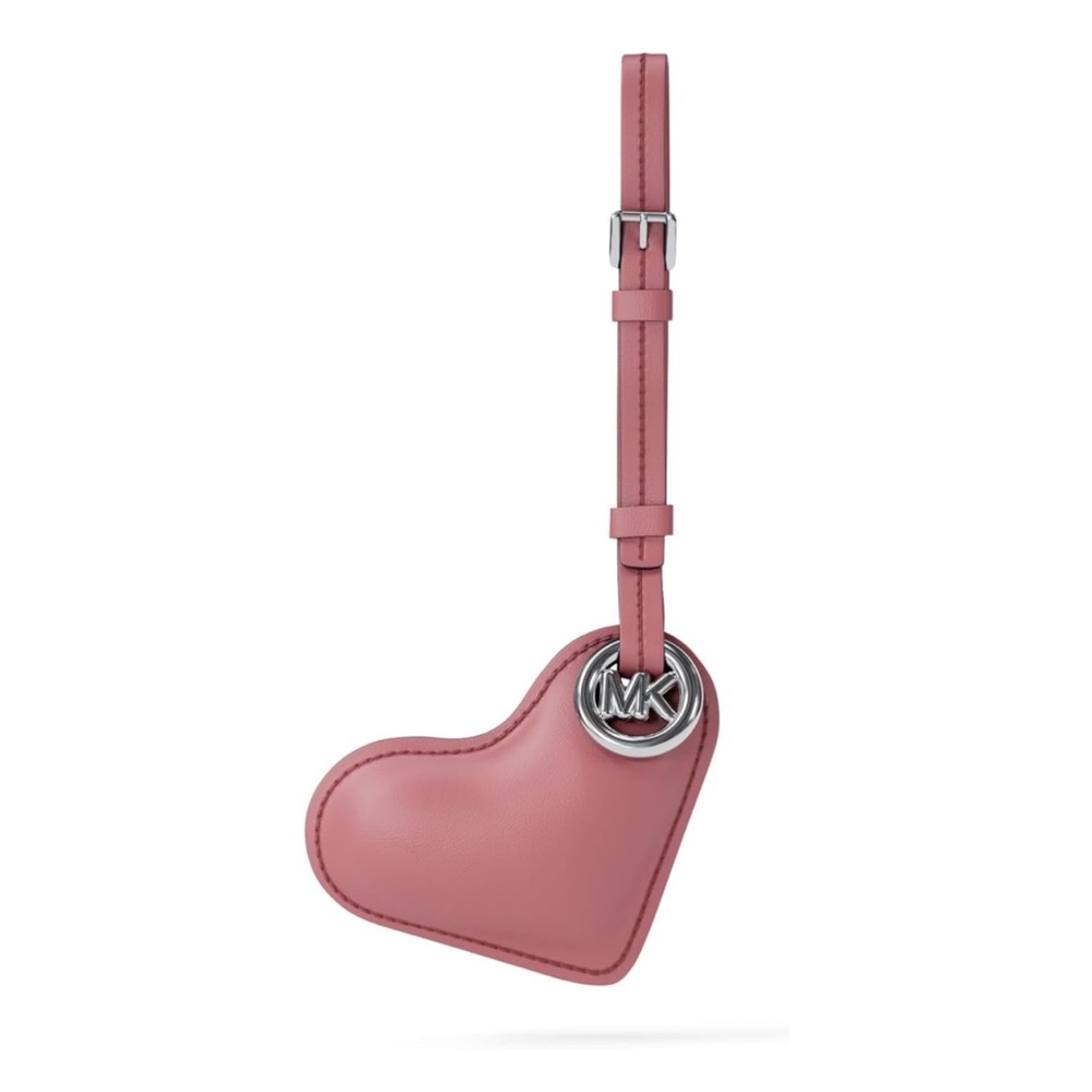 New Michael Kors Rosewood Pink Puffy Heart Leather Bag Charm with Silver MK Logo